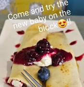 NEW Menu Item: Pancakes with Cream Cheese and Blueberry Sauce