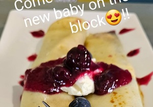 NEW Menu Item: Pancakes with Cream Cheese and Blueberry Sauce