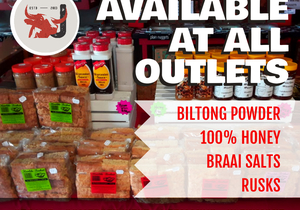 Biltong Powder, Pure Honey, Braai Salts, and Rusks!