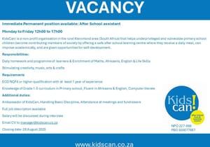 Afternoon Assistant Job Vacancy at Kidscan!