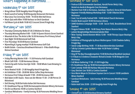 Overstrand Tourism Diary: 5 - 9 November 2025