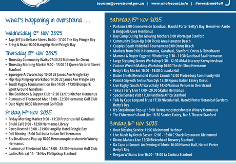 Overstrand Tourism Diary: 12 - 16 November 2025