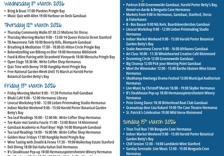 Overstrand Tourism Diary: 11 - 15 March 2026