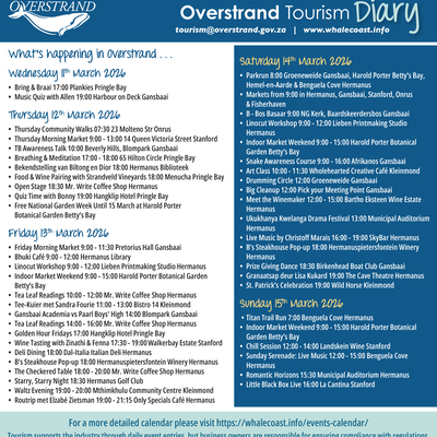 Overstrand Tourism Diary: 11 - 15 March 2026