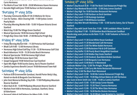 Overstrand Tourism Diary: 6 - 10 May 2026