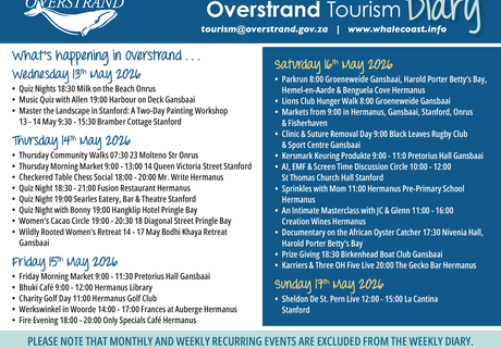 Overstrand Tourism Diary: 13 - 17 May 2026