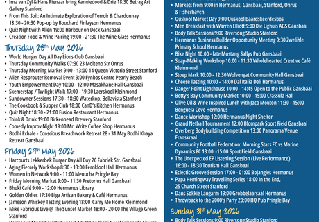 Overstrand Tourism Diary: 27 - 31 May 2026