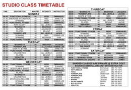 Latest Studio Class Timetable