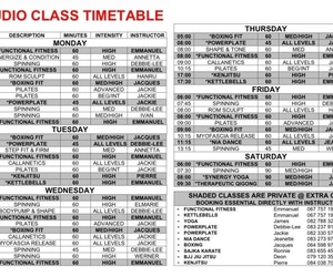 Latest Studio Class Timetable