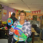 Lucille with bird made out of detergent bottles