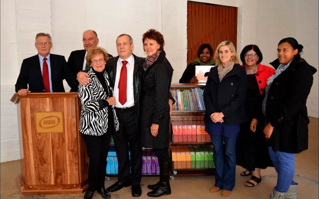 From ltr are AVBOB Group Communication Manager, Marius du Plessis; AVBOB Western Cape Provincial Manager, Johan Tinderholem;  Overstrand Executive Mayor, Nicolette Botha-Guthrie; AVBOB Group CEO Frik Rademan and his wife, Serah Rademan; seen at a recent handover ceremony to The Fynbos Academy. Happily looking on are the centre’s teaching staff, including Head Teacher Annelize Zeelie (second from right).