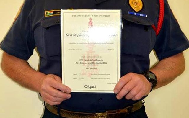 Overstrand Fire Safety Officer, Joe Schoeman proudly displays his Level 4 Safety Certificate which he obtained earlier this year through the UK-based Institute of Fire Engineers.