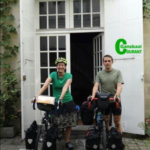 Scott Harvey and Sarah Tyler in front of their home in Paris, France before they started their more than 30,000 kilometer cycle journey.