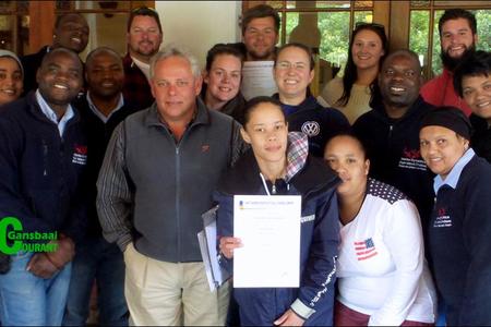 The staff members of the Great White House, Marine Dynamics and Dyer Island Cruises awarded with Tour Guiding certificates.  Front from ltr Clifford Msamuka, Jaques (Facilitator), Anwynn Louw, Celeste Malgas and Belnay van Tonder. Middle Nuraan Marthinus, George Mthini, Cari du Preez, Meredith Thornton, Jailos Mlimo and Carmen Phillips. Back Stewart Mavere, Francois Swart, Sean van der Linde, Kelly Baker and Etienne Roets.
