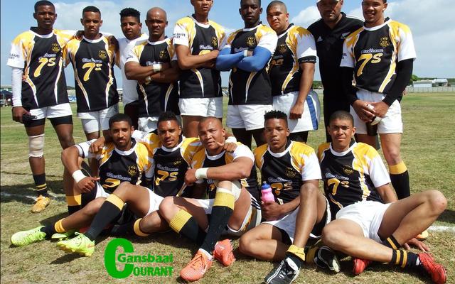 Black Leaves 1 en 2 se 7’s-rugbyspanne wat goed gevaar het tydens die 7’s Rugbytoernooi, waar hulle as gasheerklub opgetree het. Voor vlnr Eldrich Dunsdon, Nashlin Groenewald, Franklin Pietersen, Johny September en Fritz Hill. Agter vlnr Reraldo Pheto, Brenton-tee Dickson, Rosco Domingo, Stewart Jacobs, Jayberry Maines, Sameul Manuels, William Swarts, Andre Loff (skeidsregter) en Thirston Martin.  