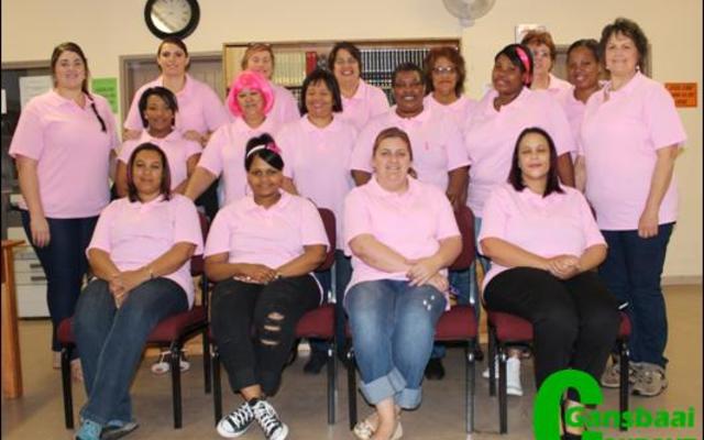 Die damespersoneel van Gansbaai Academia het ‘n “Pienk Dag” vir kanker gerëel, nadat die manspersoneel verlede week hul hare afgeskeer het.  Voor vlnr: Tanya Bastian, Carllinn Jansen, Leandri Roelofse en Carien Fortuin.  Middel vlnr: Erin Fourie, Mona Matthews, Charmaine Visser, Mavis John, Patricia Zalie en Anneri Harding-Male. Agter vlnr: Annika Rossouw, Rialet Groenewald, Hanet van Deventer, Marie Fourie, Julia Wilson, Annamarie Buys en Busiswa Nojozi.