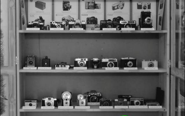  ‘n Geheelbeeld van die verskeidenheid  van  veteraan kameras en lense wat in Gansbaai Toerisme se uitstallingslokaal te siene is. 