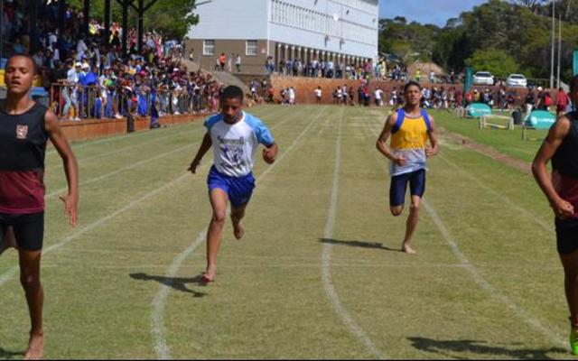 Drie Sharkies, Marco Vermeulen, Ulrich Visagie en Malin Abrahams span al hul kragte in tydens die 100m item vir seuns o/15. 