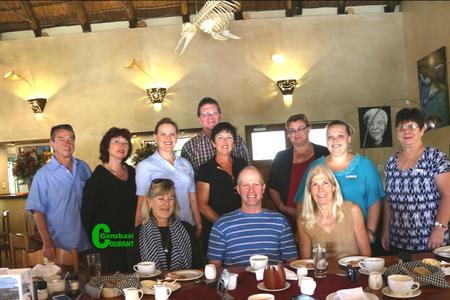 Members of the Gansbaai Business Chamber at their first breakfast meeting for 2017 – from left front:  Karin Blumer (Grootbos Foundation), Hein van Wyk (Overtek Computers) and Julia Barlow (Chairperson:  Gansbaai Business Chamber).  Back:  Bernard Klodwig (Sasinambo Tours), Inge Hugo (Sasinambo Tours)), Nina Willemse (ABSA Gansbaai),  Du Toit and Martiena Kotze (Seaview Cleaners), Diana Nortman (GG Krugel and Honey agent), Doulene Els (Gansbaai Tourism and secretary:  Gansbaai Business Chamber) and Glenda Kitley (Gansbaai Tourism).