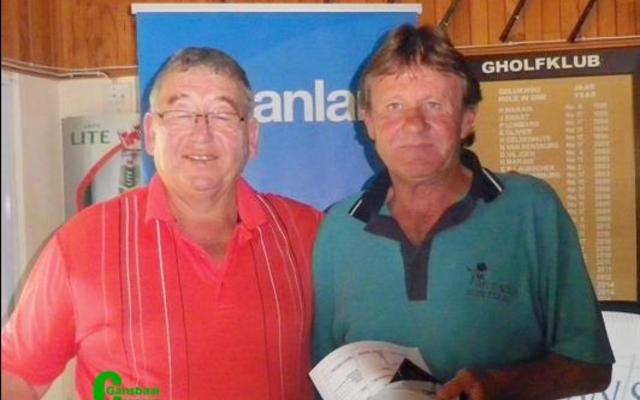Leon Hattingh (regs), wenner van die Sanlam Kanker Gholf Uitdaagreeks in die A-Afdeling met 35 punte, hier langs Louis van der Vyver,  van Sanlam. 