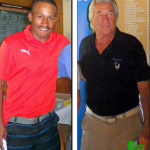 Melvin Tobias (links) was die Sanlam Kanker Gholf Uitdaagreeks se wenner in die B-Afdeling met 39 punte en langs hom is die wenner in die C-Afdeling, Elias Matthee met 39 punte.