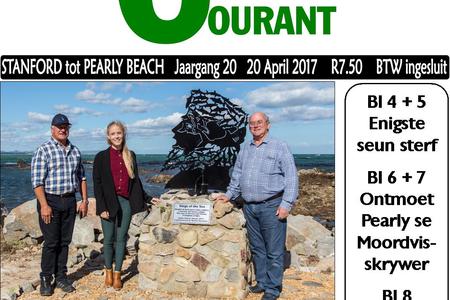 In  honour  of  the  legendary  white  sharks  in  the area, Marine Dynamics’ Wilfred Chivell commissioned Kleinbaai harbour’s first piece of art.  It was officially unveiled by Deputy Mayor Dudley Coetzee (right) during a windy  afternoon last Saturday, 15 April 2017.    Artist, Jenna Harris (middle) was commissioned to create a unique piece of art, typical of this area.  