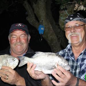 Met net twee “galjoentjies” wat in bittere koue weer tydens Overberg Kushengelklub gevang is, kon dit nie moeilik gewees het om die wenners aan te wys nie. Links is Oubaas Lesch (2de plek) met sy 820g galjoentjie en langs hom Louis Otto (1ste plek) met sy 840g galjoentjie.