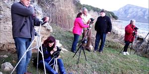 ‘n Deel van Gansbaai Fotografieklub se lede in aksie waar hulle onsuksesvol in die koue na ‘n sonsondergang by Wortelgat gewag het. Van links is Christo Wessels, Nelleke Ferreira, Miemie Pienaar, Marc du Plessis, Riaan Jacobs en Veronica du Plessis.