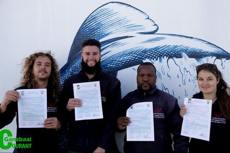 Marine Dynamics is proud to have four new skippers on the team. All four passed their Day Skipper’s Category C vessel <9m rating for a distance of 15 nautical miles from shore.  The team includes the two co-coordinators from the International Marine Volunteer Programme. Photo - from left : Hennie Odendaal and Ettiene Roets; whale guide Kira Matiwane and Marine Biologist Sandra Hoerbst. 