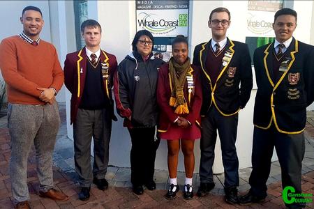 Gansbaai Academia’s Team G-Force find themselves among the top 6 schools participating in the National CharterQuest CFO Junior Competition. This photo was taken after their interview with WhaleCoast FM. From left Wilton Phillips (Mentor and Accounting teacher), Jacques Prins, Mona Matthews (English teacher), Khanya Xalisile, Heinrich van der Merwe and Llewellyn Davids.    