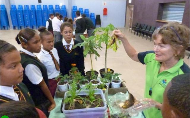 Dr Pat Miller het leerders van Gansbaai Academia van praktiese wenke voorsien oor hoe maklik dit is om groente tuis in herwinbare houers te kweek.