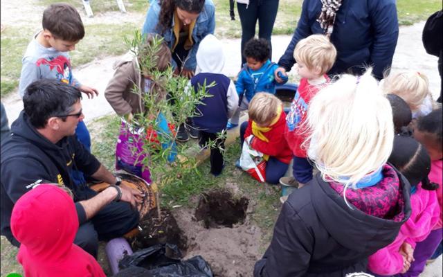 Nuuskierige Cool Kidz kleuters bekyk die plant van ‘n boom op hul terrein, wat ‘n inisiatief van Doulene Els (Gansbaai Toerisme) was.