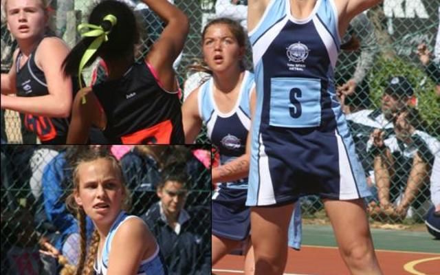 Monique Hugo van die Gansies se o/13A netbalspan is links in besit van die bal en regs maak sy seker die bal gaan nie weer afgevat word nie.