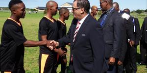 It was a proud moment for both the Solyx United FC and I&J Express FC teams when Dr Danny Jordaan, SAFA President wished them luck for the game. Pictured here is Tabani Matshine (Solyx United FC) shaking hands wit Dr Jordaan.
