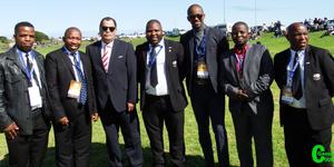 The team of VIP’s at the SAFA Overberg Regional Nedbank Cup Qualifying Tournament. From left Xolisile Nqoza (LFA), Andrew Komani (Overstrand councillor), Dr Danny Jordaan (SAFA President), Tankiso Modipa (Overstrand president), Achie Klass (Overstrand Deputy Mayor), Xolani Msweli (Overstrand councillor) and Peter Stuurman (Hermanus LFA).