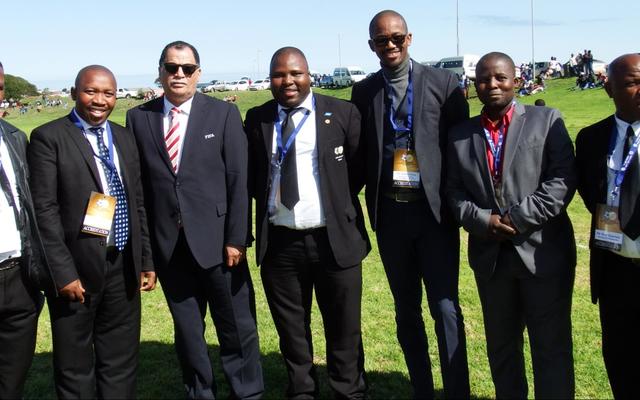 The team of VIP’s at the SAFA Overberg Regional Nedbank Cup Qualifying Tournament. From left Xolisile Nqoza (LFA), Andrew Komani (Overstrand councillor), Dr Danny Jordaan (SAFA President), Tankiso Modipa (Overstrand president), Achie Klass (Overstrand Deputy Mayor), Xolani Msweli (Overstrand councillor) and Peter Stuurman (Hermanus LFA).