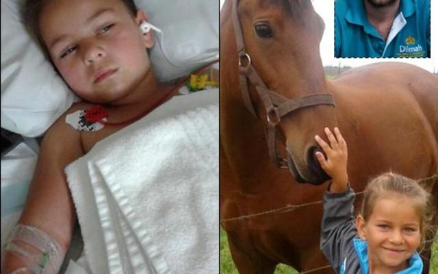 Carli Swart (7), Woensdag afgeneem in haar hospitaalbed. Regs bo is Jom Nel, die man wat haar lewe gered het. Onder regs glimlag ‘n gelukkige Carli by een van die perde vir wie sy so lief is.