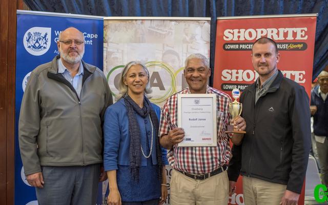 The Overberg Regional Winner of the 2017 Western Cape Prestige Agri Awards competition, a partnership between Shoprite and the Western Cape Department of Agriculture, was announced last week Friday.  The annual competition celebrates people from the Western Cape who work in the agriculture sector.  On the photograph is Herman Smit (Community Action Partnership), Jacqueline Cupido (Western Cape Department of Agriculture), Rudolf Janse and Chris Schutte (Shoprite). 