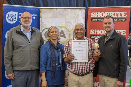 The Overberg Regional Winner of the 2017 Western Cape Prestige Agri Awards competition, a partnership between Shoprite and the Western Cape Department of Agriculture, was announced last week Friday.  The annual competition celebrates people from the Western Cape who work in the agriculture sector.  On the photograph is Herman Smit (Community Action Partnership), Jacqueline Cupido (Western Cape Department of Agriculture), Rudolf Janse and Chris Schutte (Shoprite). 