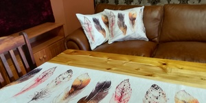 BEAUTIFUL FEATHER RUNNER AND CUSHIONS