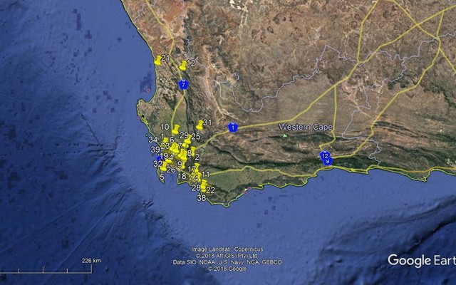 Fig 1.Locations of all 42 observers who provided reports and images. All sites were plotted but due to congestion in the Cape Town area and suburbs, not all site labels are visible. 