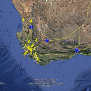 Fig 1.Locations of all 42 observers who provided reports and images. All sites were plotted but due to congestion in the Cape Town area and suburbs, not all site labels are visible. 