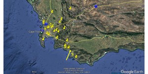 Fig 2.Locations of observers in Cape Peninsula and southern Cape coast, with possible path of the bolide indicated as a yellow arrow. 
