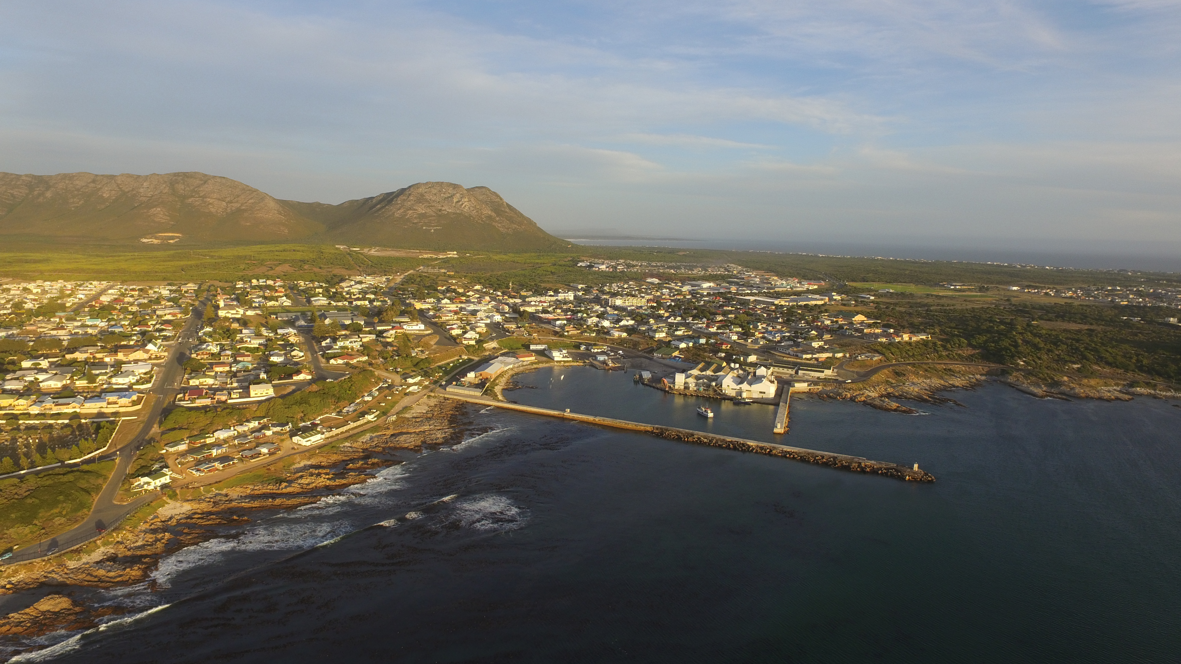 Aerial photo from a drone of Gansbaai and the Gansbaai old harbour.