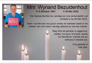 Mnr. Wynand Bezuidenhout: 8 Oktober 1957 - 26 Mei 2022